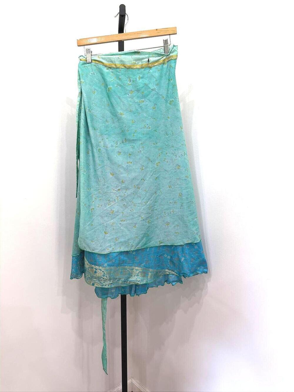 Darn Good Yarn Aqua Blue Layered Wrap Skirt with Gold Paisley Detail